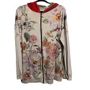 Floral Print Hoodie with Red Accents